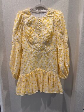 Acler Yellow & White Floral Eyelet Mini Dress with Puff Sleeves US4. AU 8